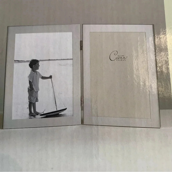 New! Carr Brushed Silver 5x7” Double Photo Frame MCM Burnes of Boston Desk - Picture 1 of 5